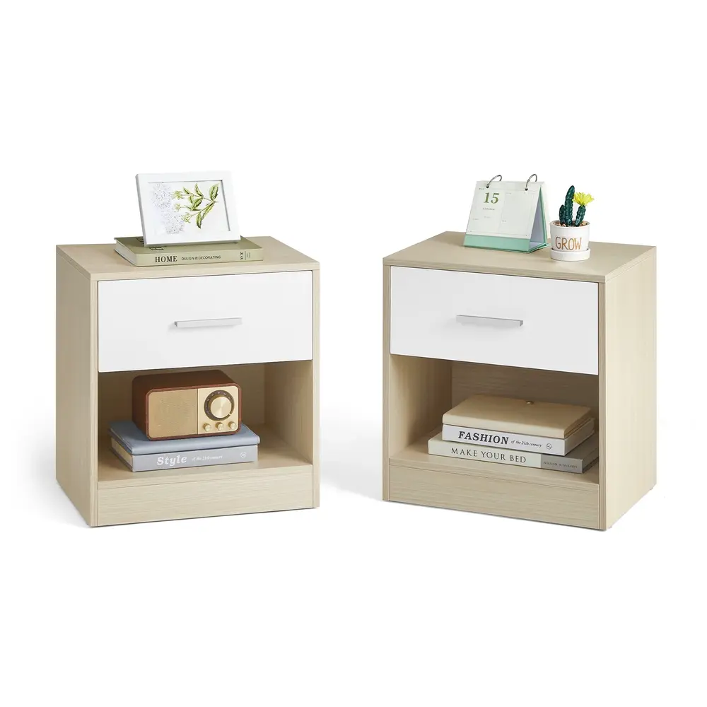 Bedside Tables, Set of 2, Side Table with Drawer, Handle, Open Compartment, End Table, for Bedroom, Living Room, Natural Beige and Classic White LET819T67
