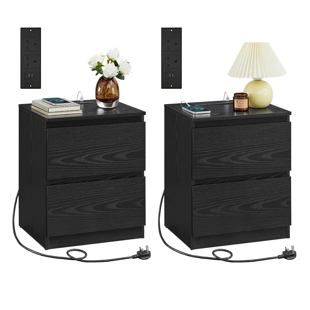 KAILYN Collection - Nightstands with Charging Station Set of 2 Ebony Black