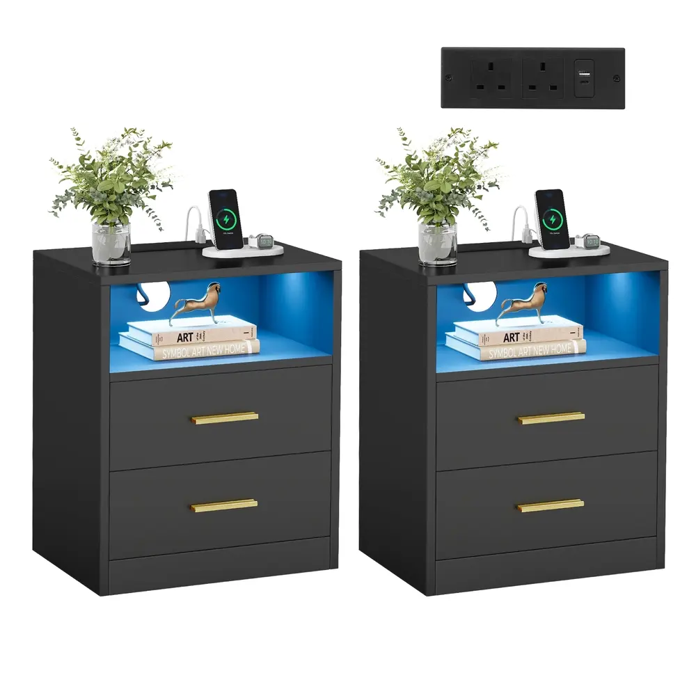 Bedside tables with charging station and LED lighting Ink Black