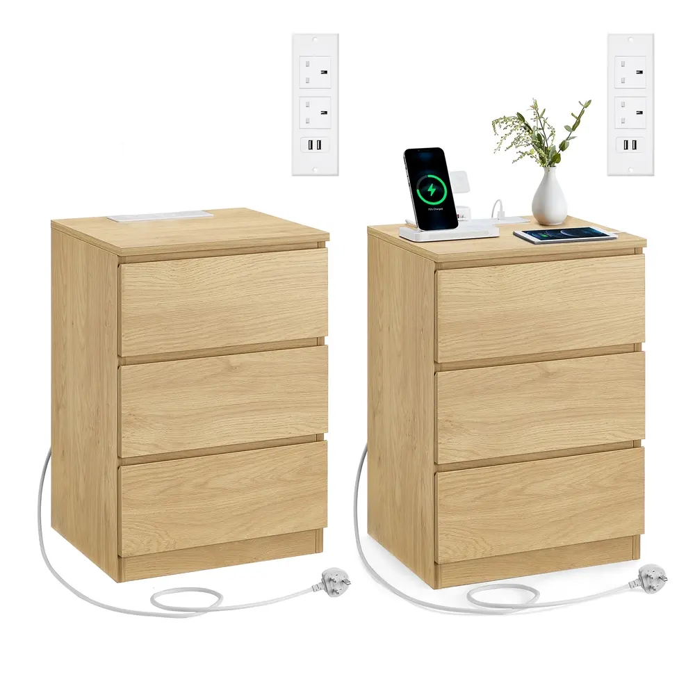 KAILYN Collection - Bedside Table with Charging Station, Set of 2, Straw Yellow