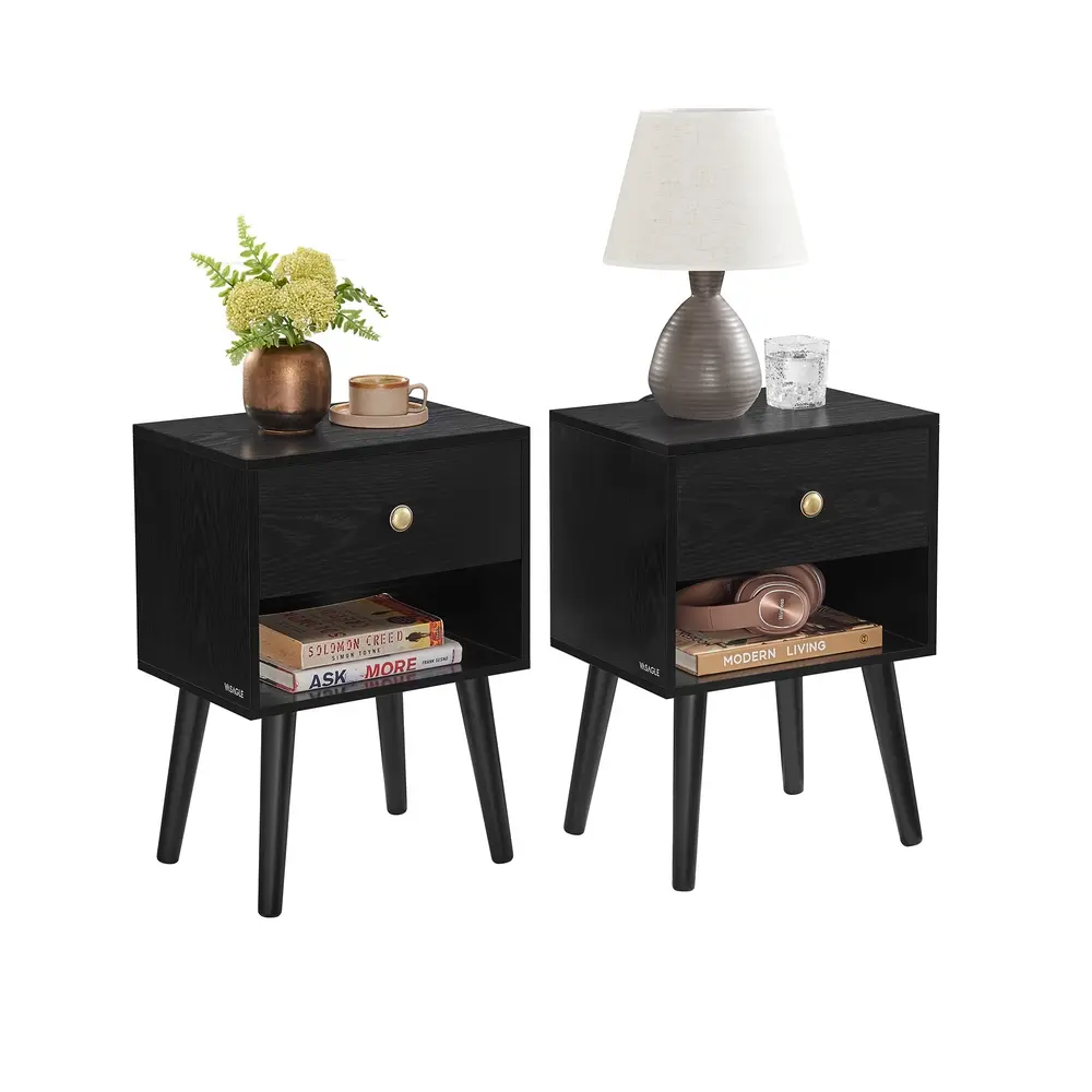Set of 2 Bedside Tables with Drawers and Solid Wood Legs Ebony Black