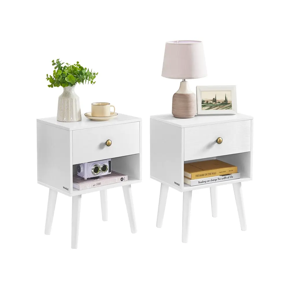 Set of 2 Bedside Tables with Drawers and Solid Wood Legs Cloud White
