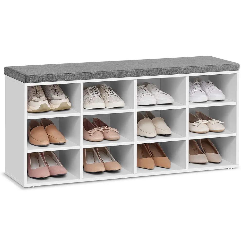 Shoe Bench with Cushion, 12 Compartments, Cloud White