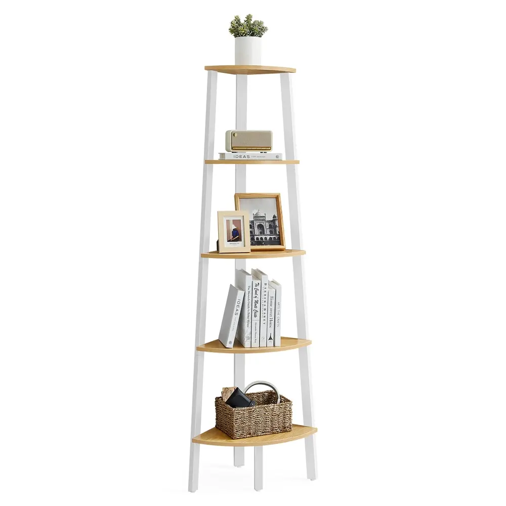 5-Tier Corner Shelf Unit Natural Oak and Matte White