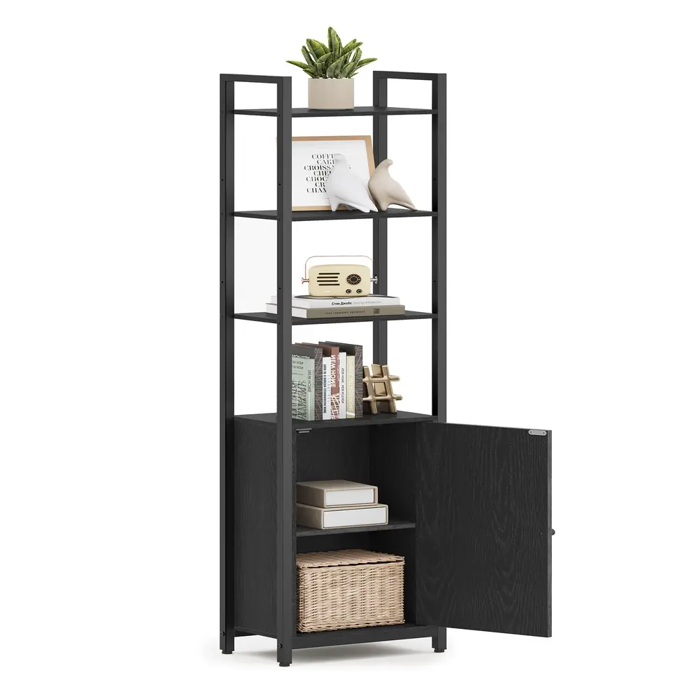 6-Tier Bookcase with Door Ebony Black and Ink Black
