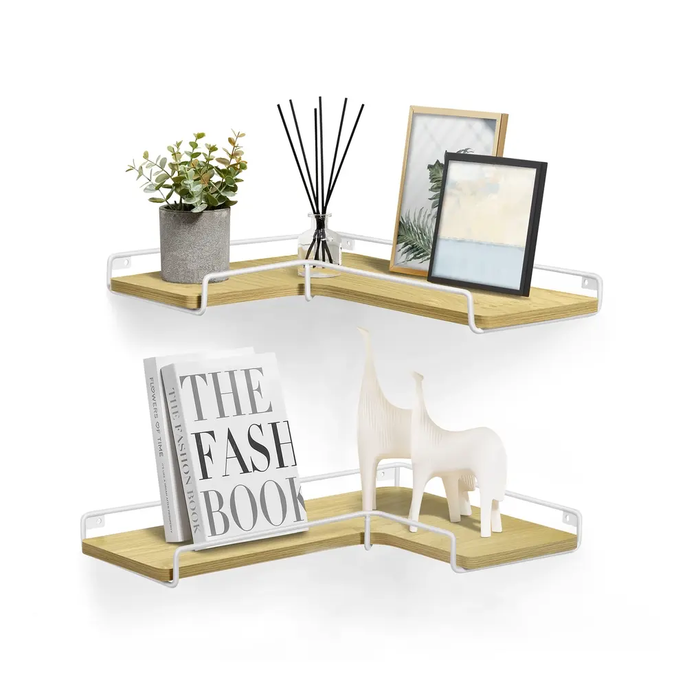 Set of 2 L-Shaped Floating Shelves Natural Oak and Cloud White