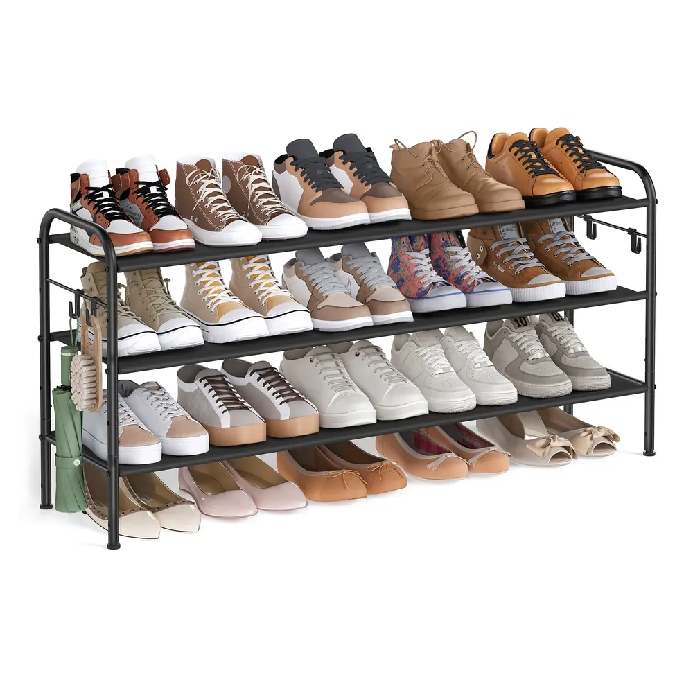 114" Wide 3-Tier Fabric Shoe Rack with 4 Hooks Ink Black