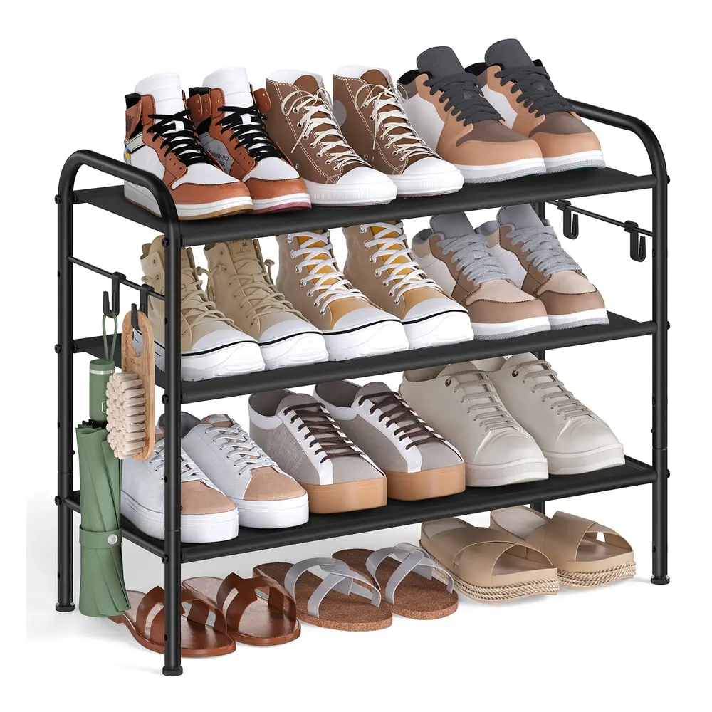 68" Wide 3-Tier Fabric Shoe Rack with 4 Hooks Ink Black
