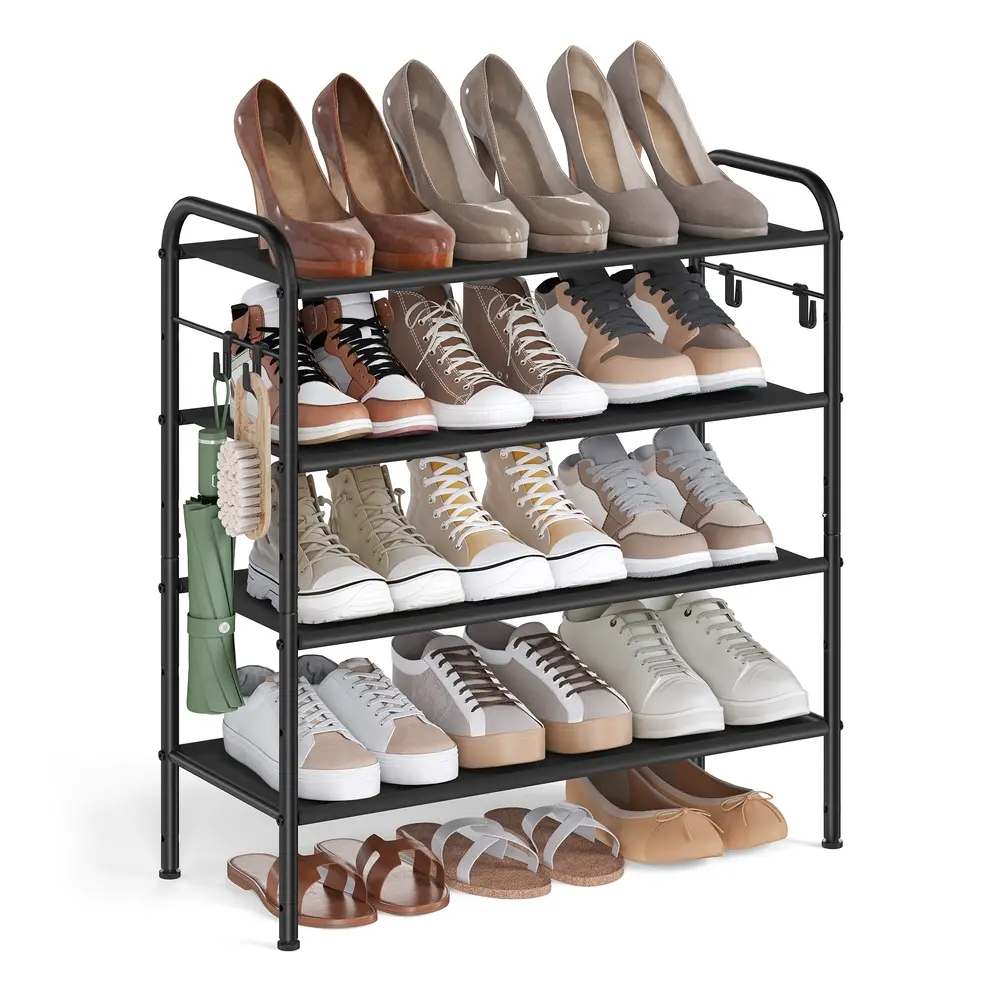 68" Wide 4-Tier Fabric Shoe Rack with 4 Hooks Ink Black