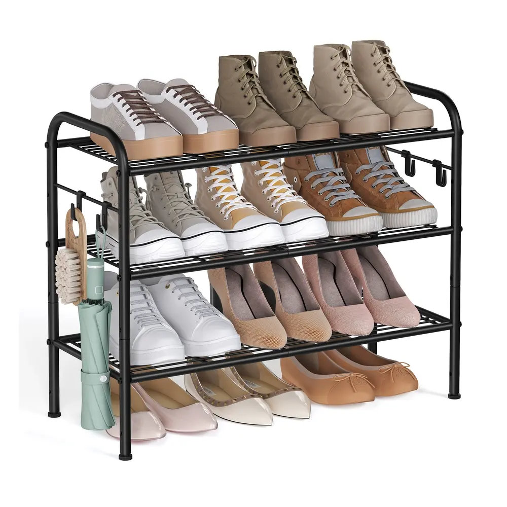 68" Wide 3-Tier Metal Shoe Rack with 4 Hooks Ink Black