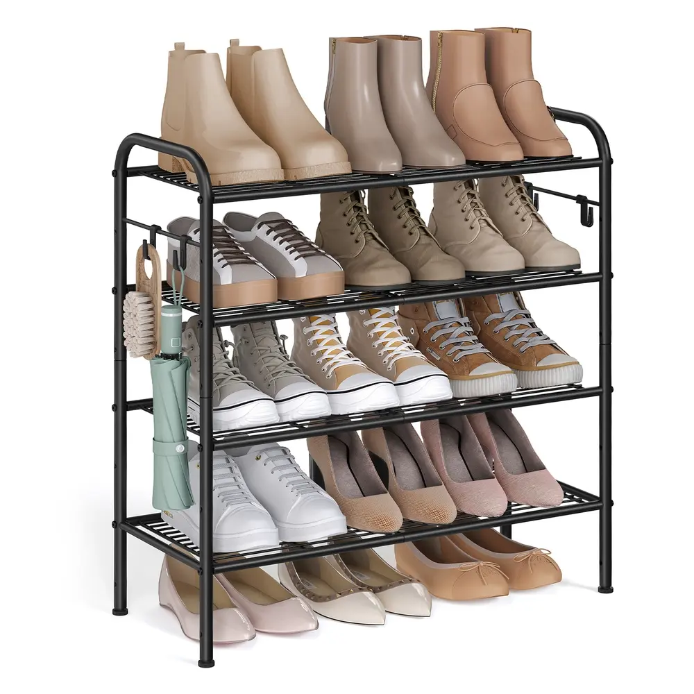 68" Wide 4-Tier Metal Shoe Rack with 4 Hooks Ink Black