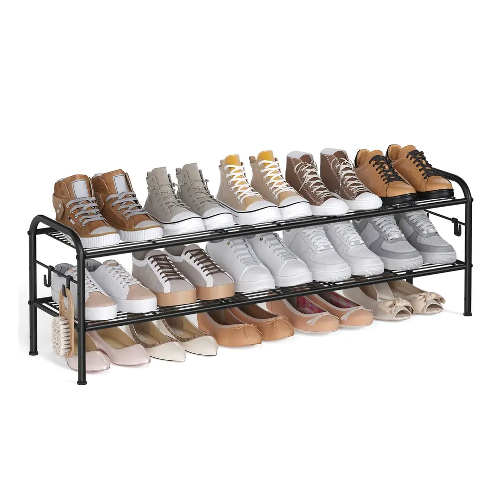 114" Wide 2-Tier Metal Shoe Rack with 4 Hooks Ink Black