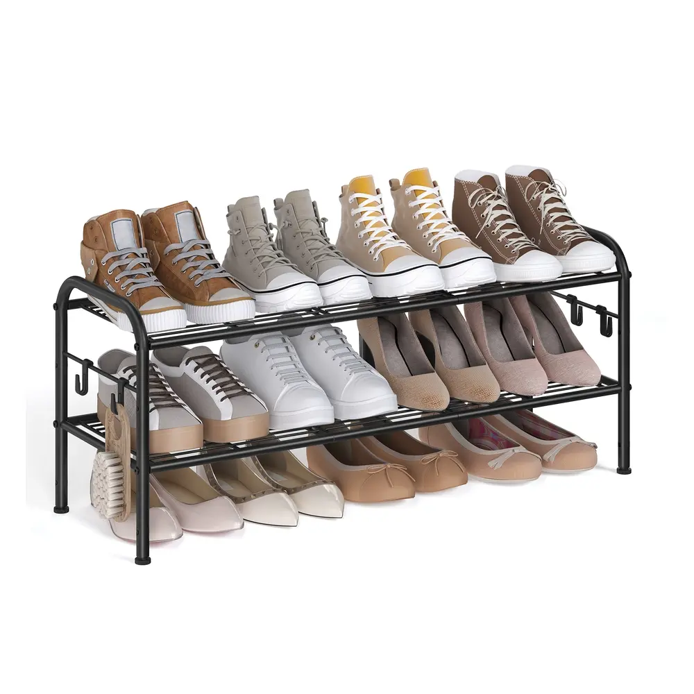 85" Wide 2-Tier Metal Shoe Rack with 4 Hooks Ink Black