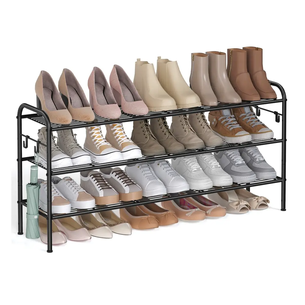114" Wide 3-Tier Metal Shoe Rack with 4 Hooks Ink Black