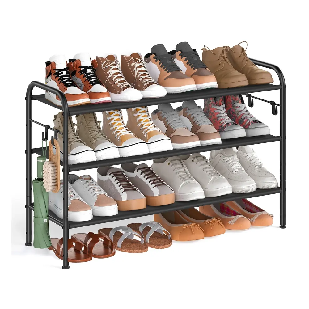 85" Wide 3-Tier Fabric Shoe Rack with 4 Hooks Ink Black