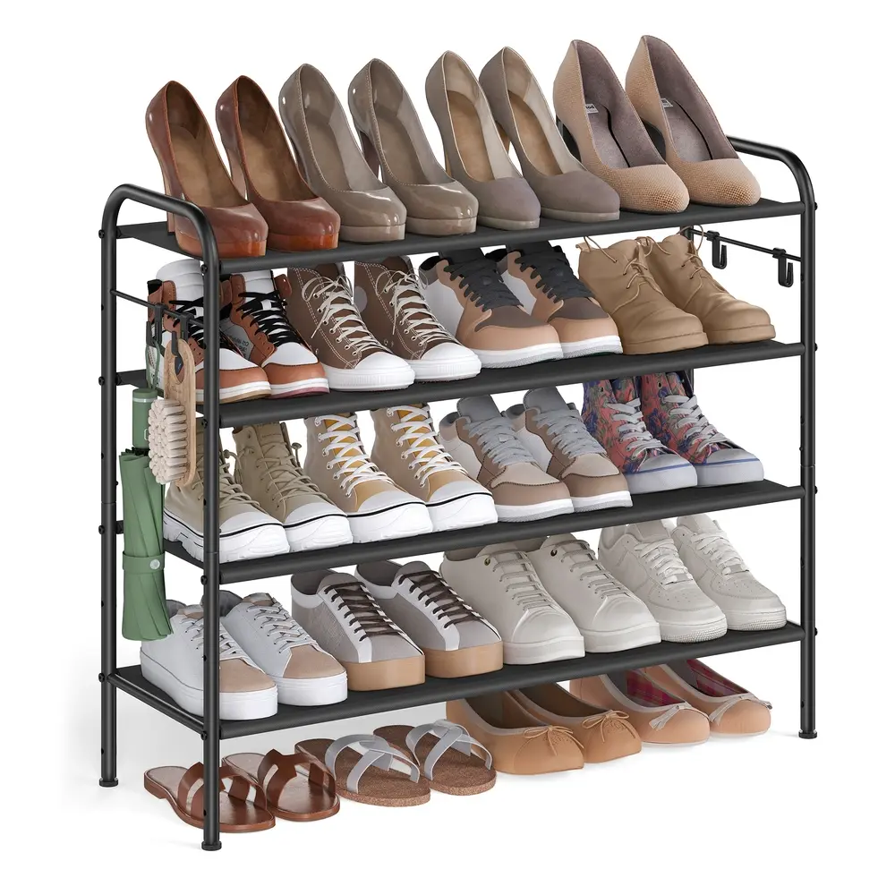 85" Wide 4-Tier Fabric Shoe Rack with 4 Hooks Ink Black