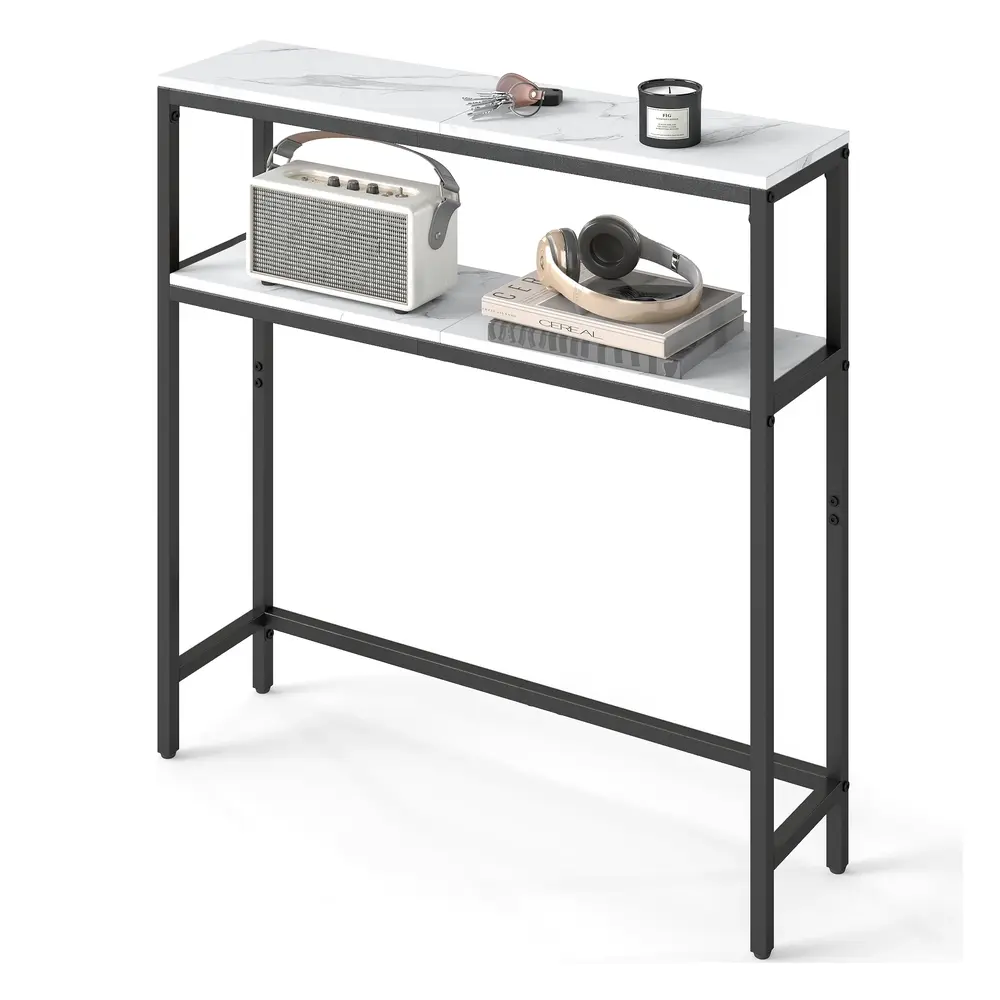2-Tier Slim Sofa Table for Hallway Marble White and Ink Black
