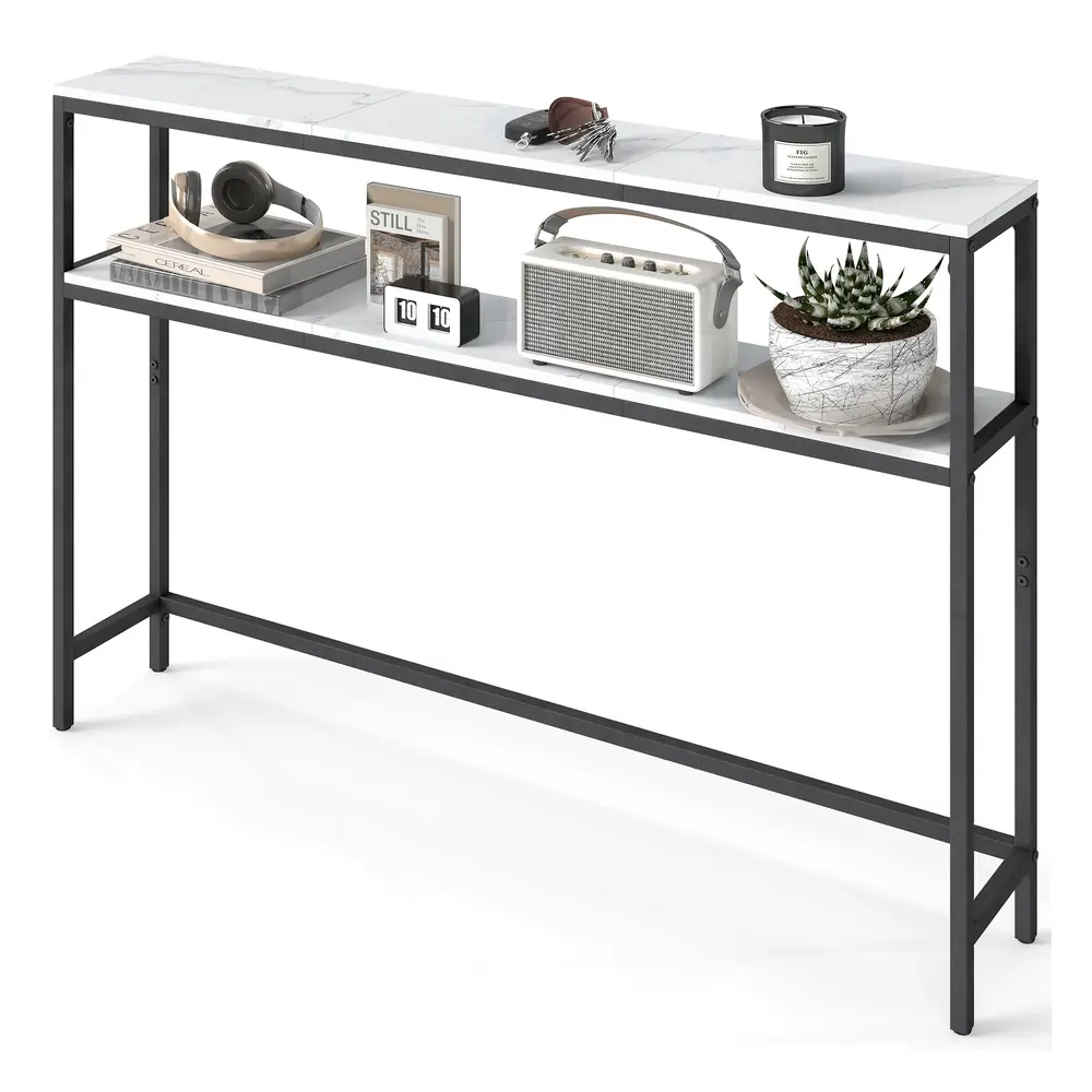 2-Tier Console Table for Hallway Marble White and Ink Black