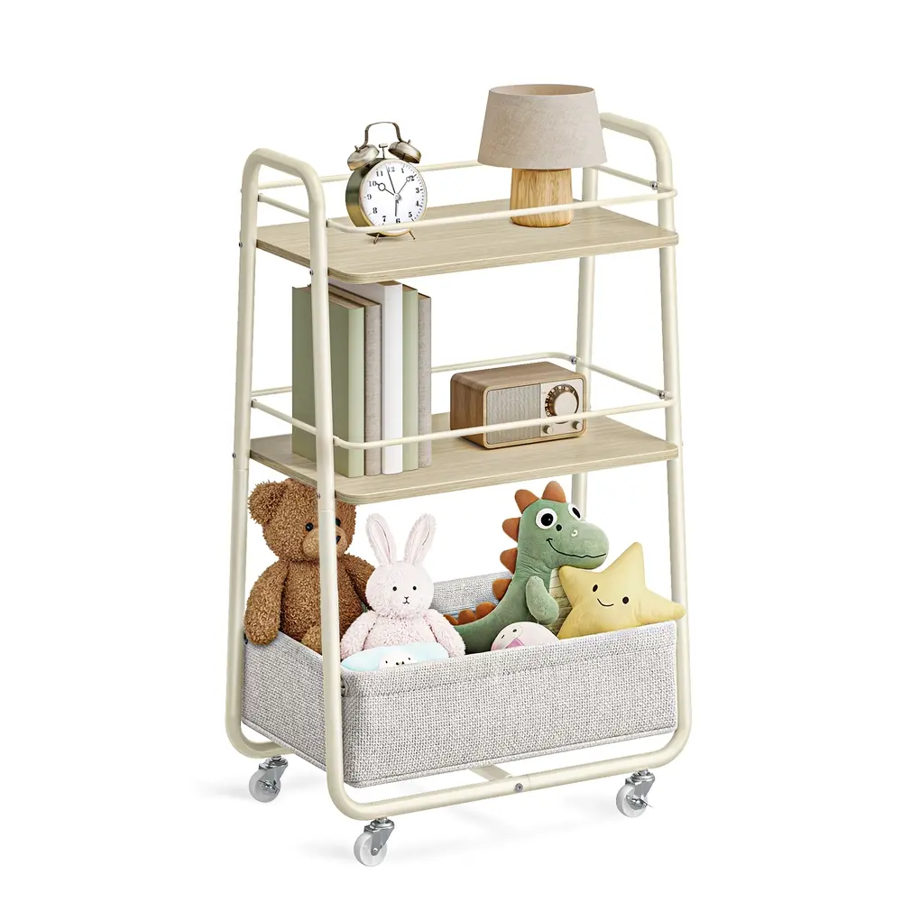 LILEA Collection - Storage Trolley with Basket Natural Beige and Cream White
