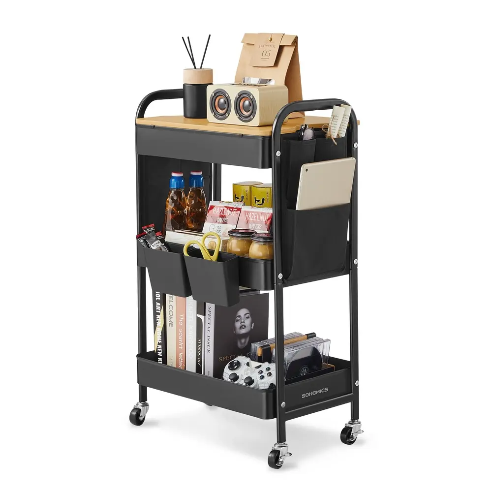 3-Tier Storage Trolley with Table Top Ink Black