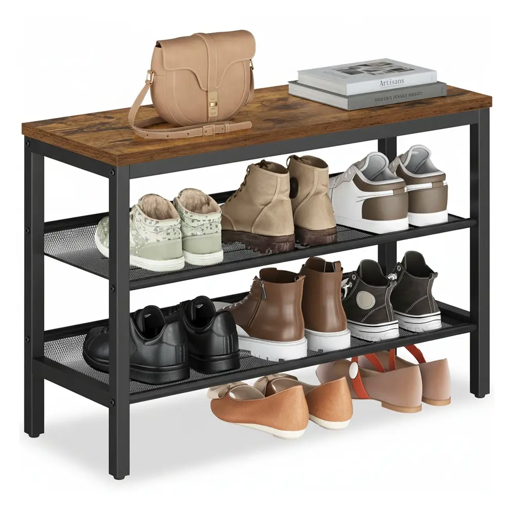 3 Tier Shoe Rack Bench 28 x 75 x 50 cm with Raised Edges Rustic Brown and Matte Black