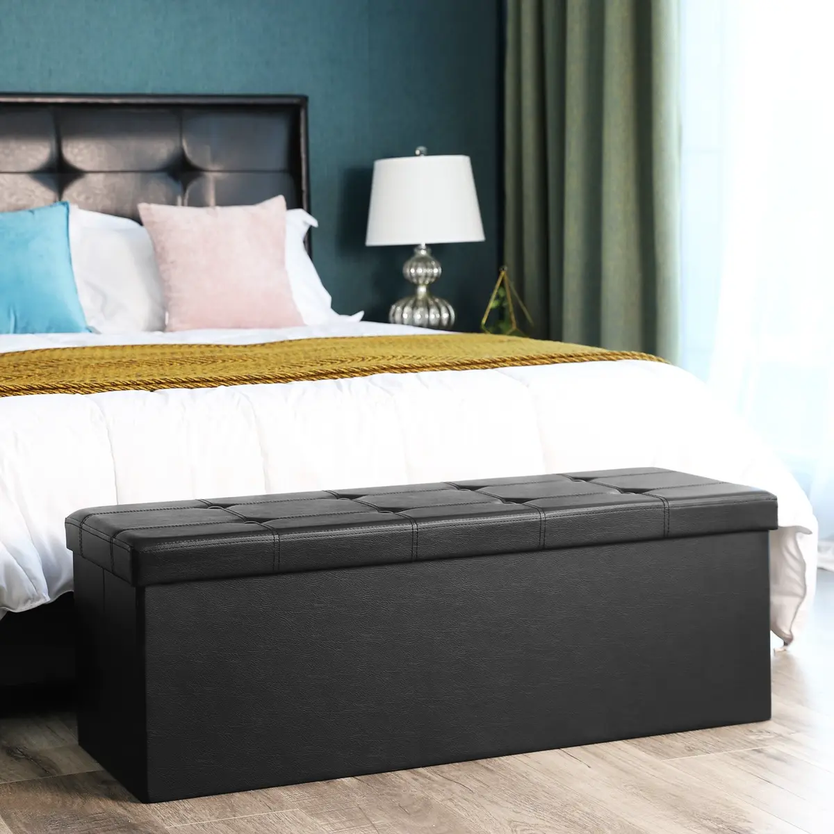 Foldable Cube Ottoman with Storage - 300kg Capacity Foot Rest for Living Room, Bedroom, Entryway, Ink Black