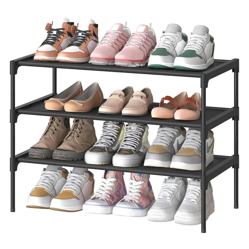3-tier shoe rack with fabric shelves and metal frame