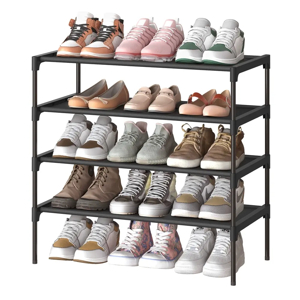 4-tier shoe rack with fabric shelves and metal frame