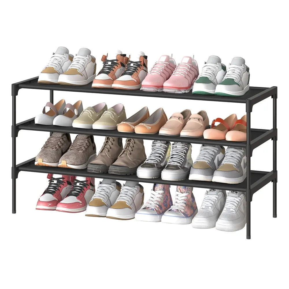 3-tier shoe rack with fabric shelves and metal frame