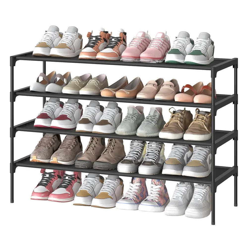 4-tier shoe rack with fabric shelves and metal frame
