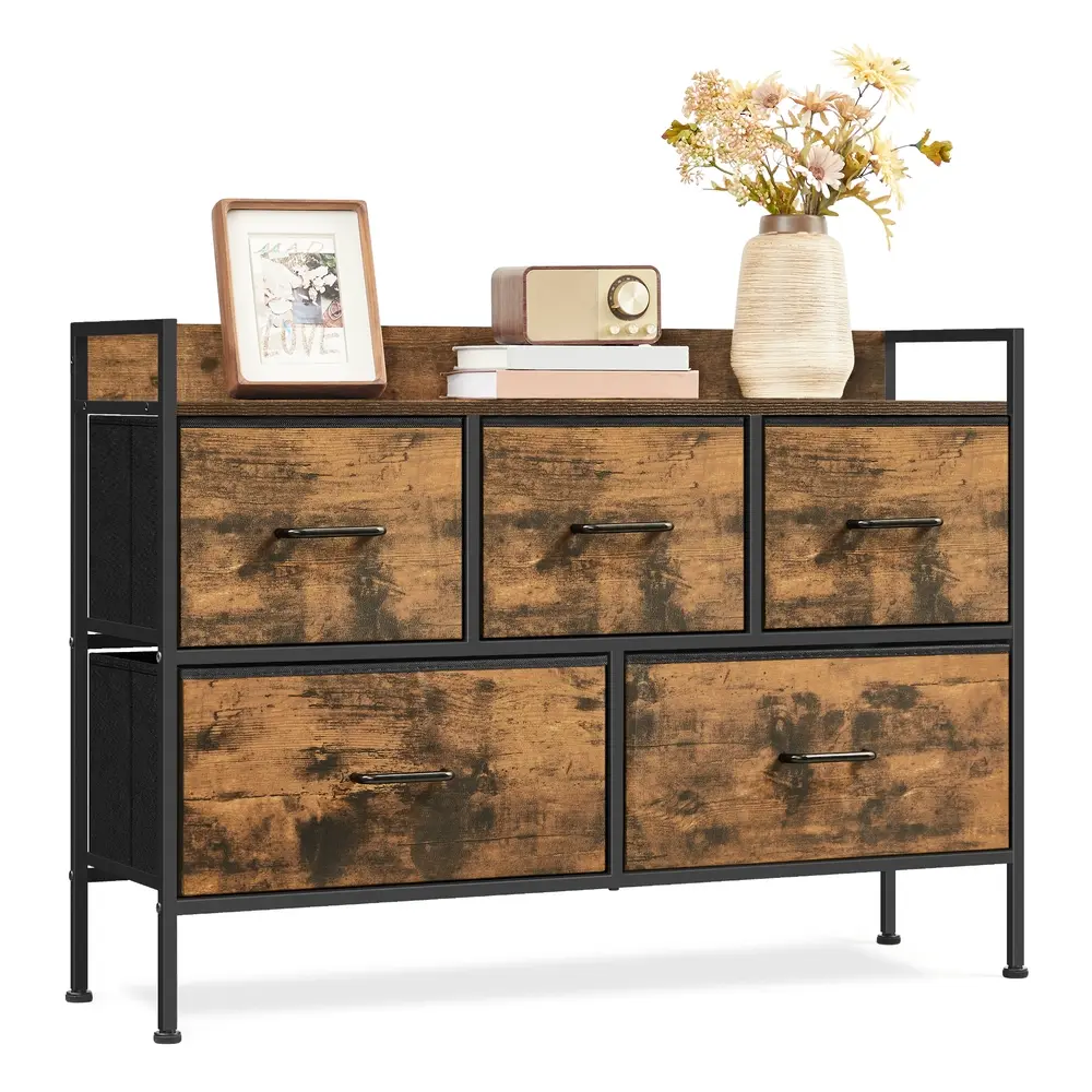 Chest of Drawers for Bedroom 5 Fabric Drawers with Handles Rustic Brown and Ink Black