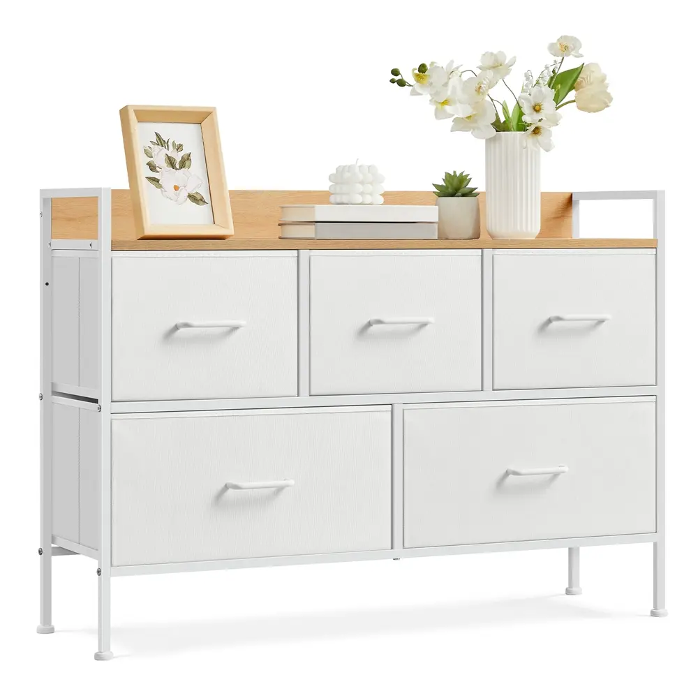 Chest of Drawers, 5 Fabric Drawers, White and Oak