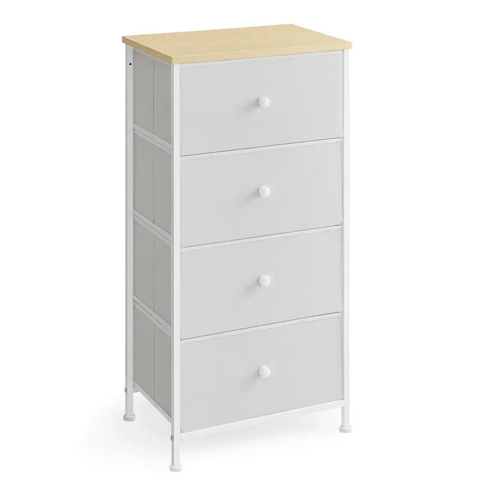 Chest of Drawers, 4 Fabric Drawers, White and Oak
