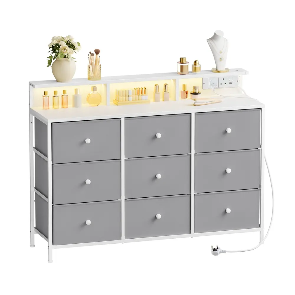 Storage Unit with 9 Fabric Drawers and LED Lights, Charging Station