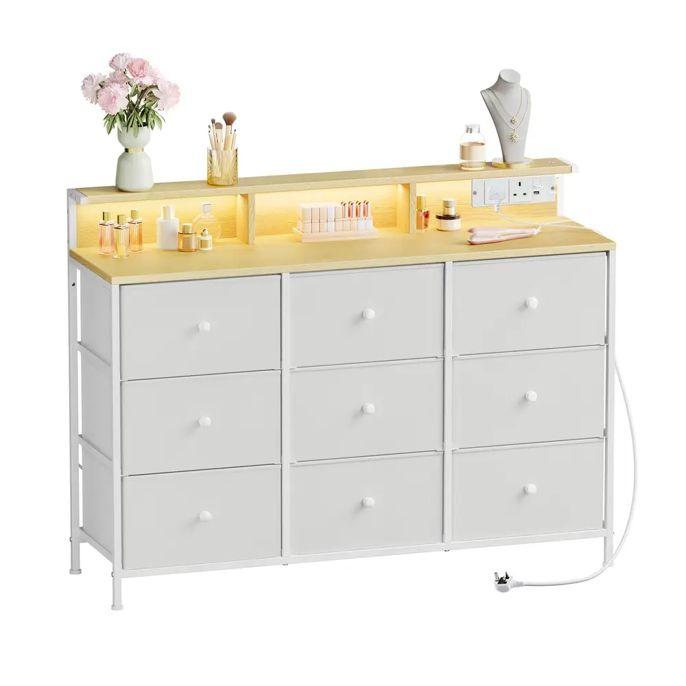Storage Unit with 9 Fabric Drawers and LED Lights, Charging Station