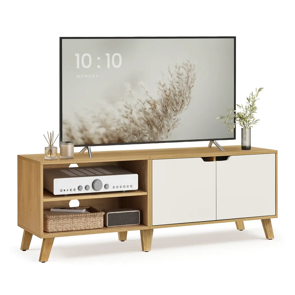 TV Cabinet, 140 cm Long TV Stand with 2 Doors Straw Yellow and Cream White