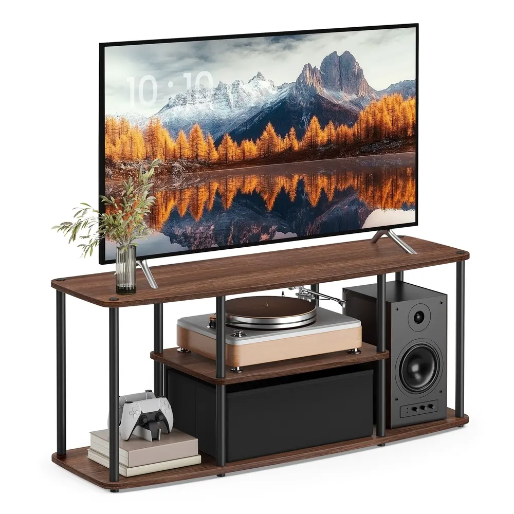 Superfast Toolless Assembly TV Stand Natural Walnut and Ink Black