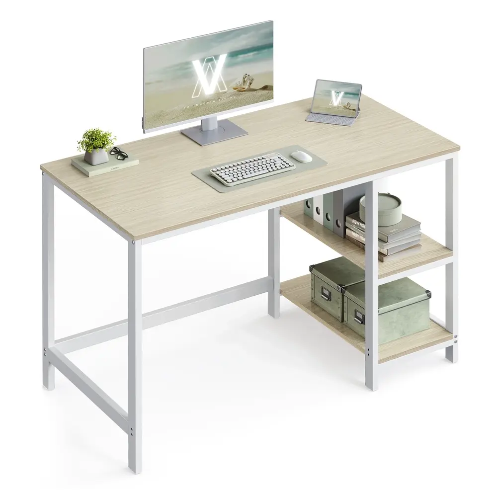 Writing Desk with 2 Shelves on Left or Right Natural Beige and Pearl White