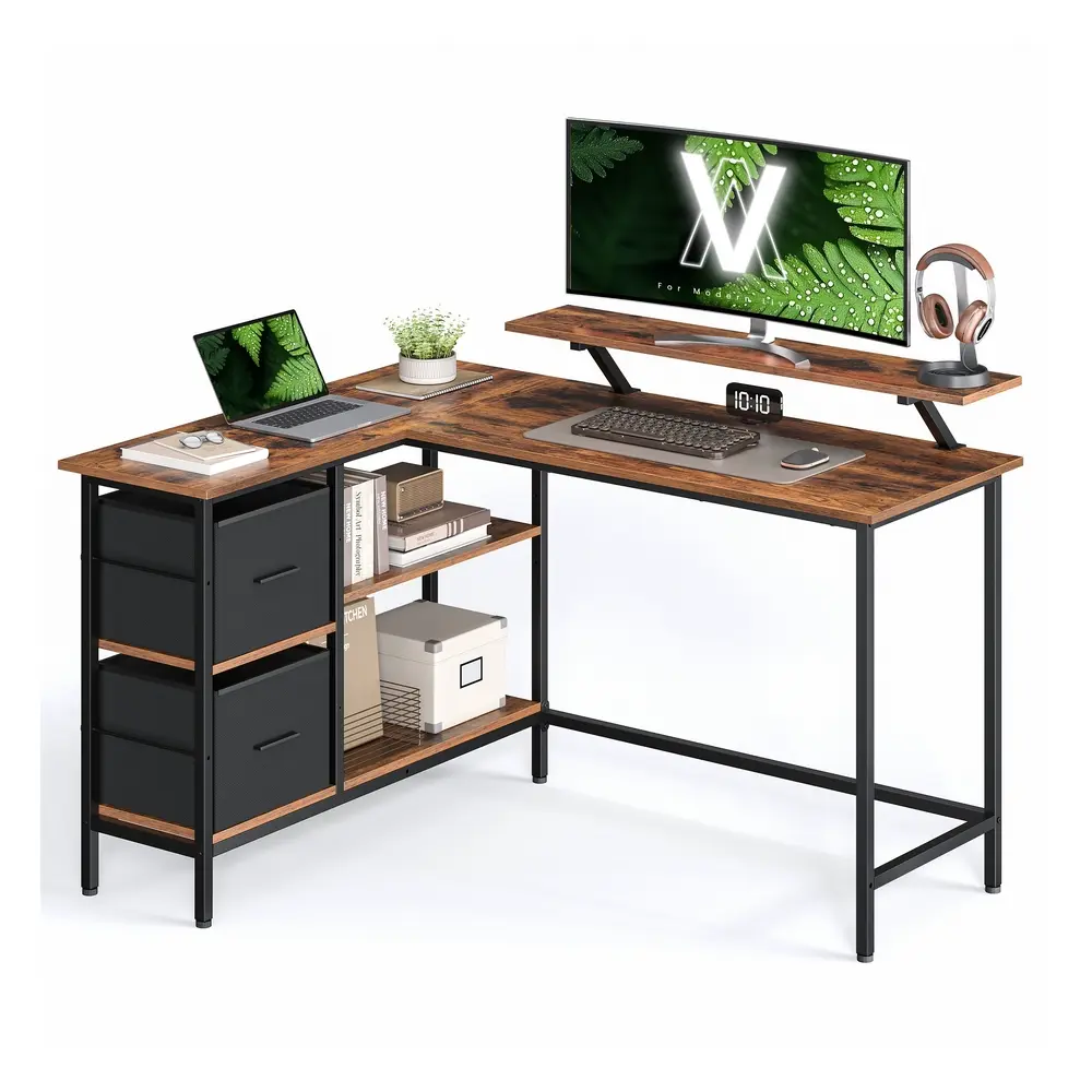 L-Shaped Desk with 2 Drawers 135 cm Wide Rustic Brown