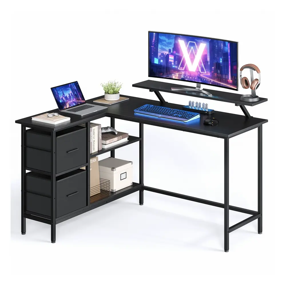 L-Shaped Desk with 2 Drawers 135 cm Wide Ebony Black