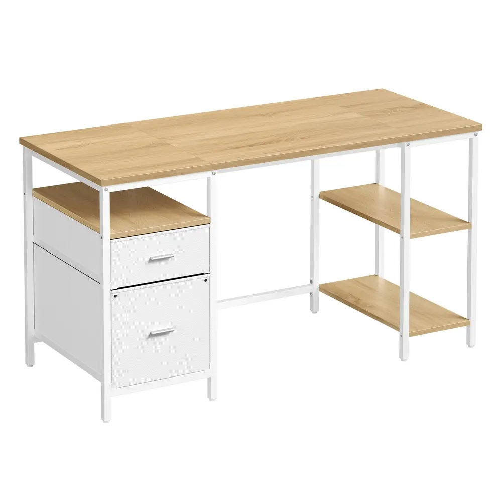 Computer Desk with 3 Shelves 2 Drawers 60 x 140 x 76 cm Natural Oak and Pearl White