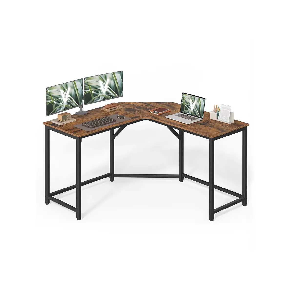 Computer Desk L-Shaped 129 x 129 x 76 cm Rustic Brown and Ink Black