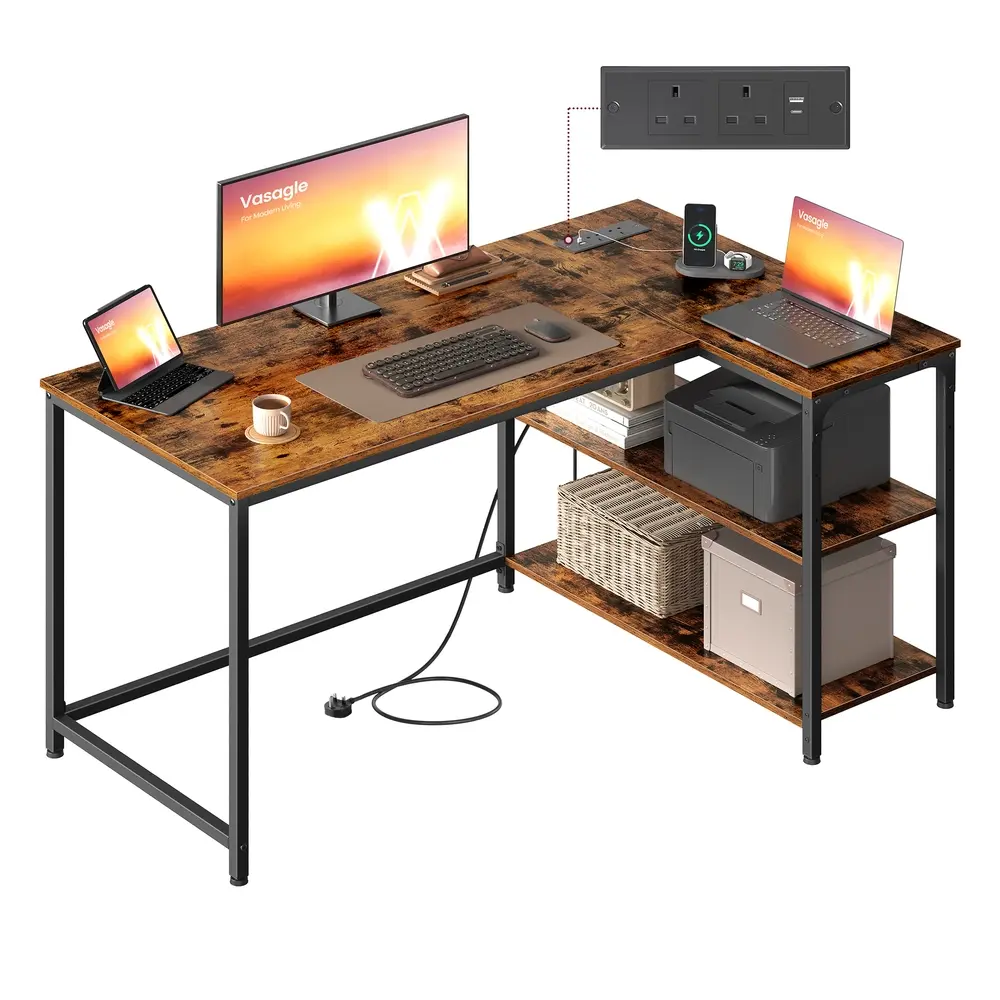 L Shaped Corner Desk 120 x 80 cm with Power Outlets 2 USB Ports Rustic Brown