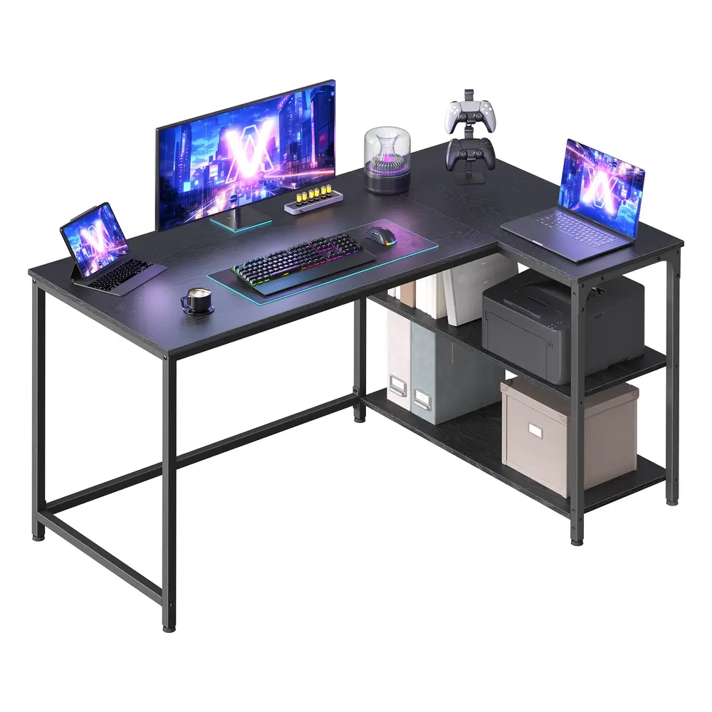 L Shaped Corner Desk Reversible Height-Adjustable Shelves 120 x 80 cm Ebony Black