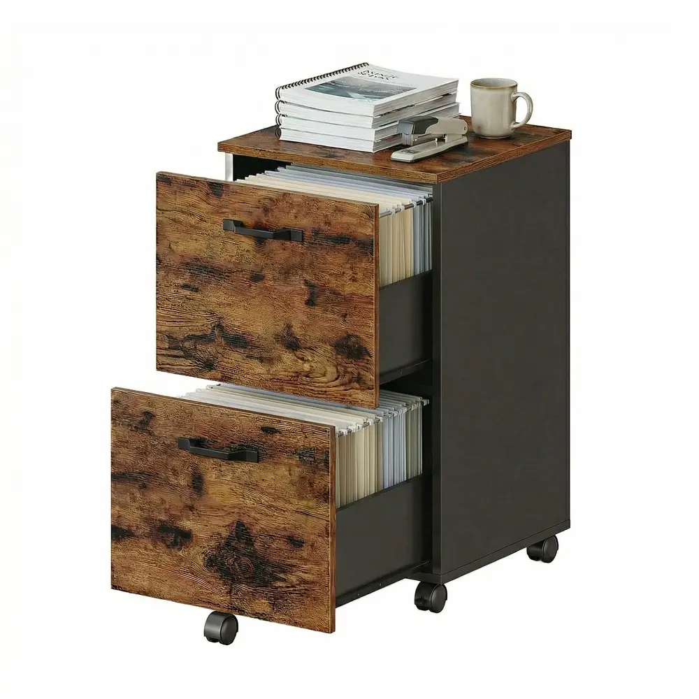 Mobile File Cabinet, 2-Drawer Storage Cabinet with Wheels, for Office, Industrial Style, Brown and Black