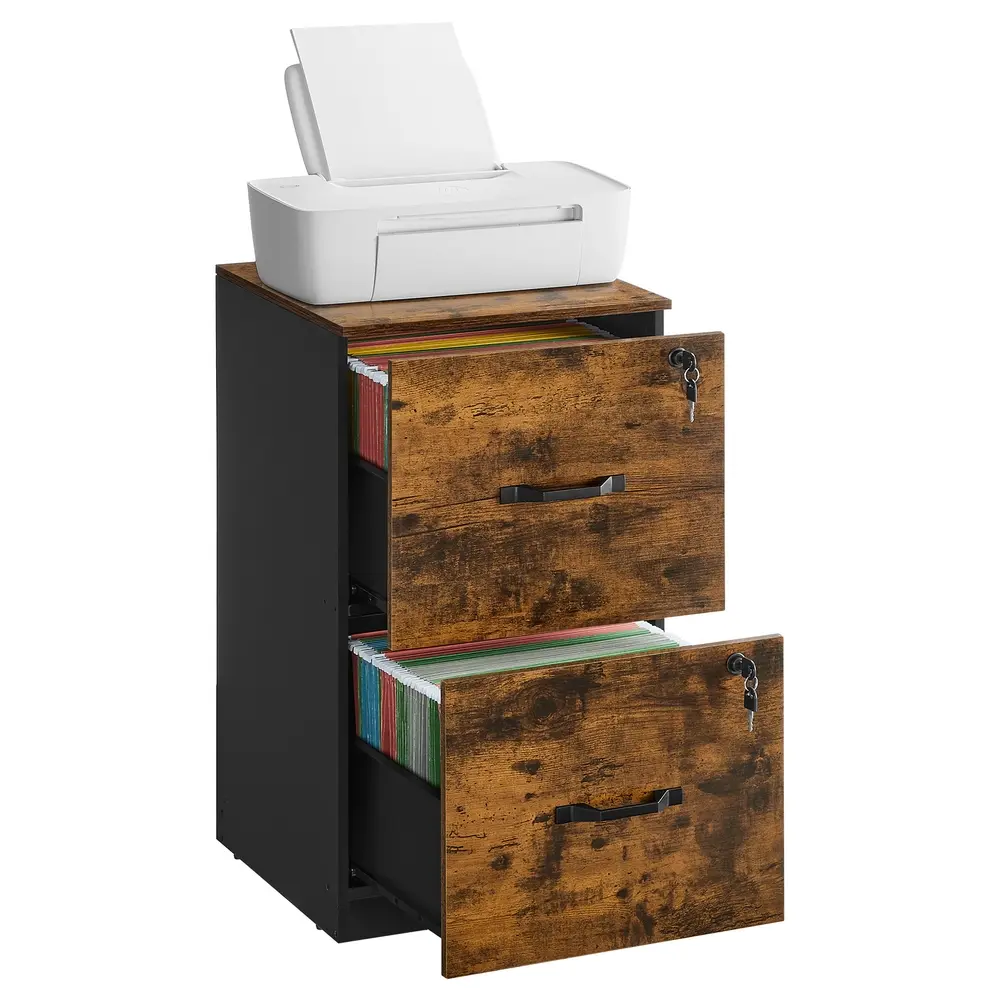 File Cabinet Filing Cabinet for Home Office with 2 Lockable Drawers Rustic Brown and Ink Black