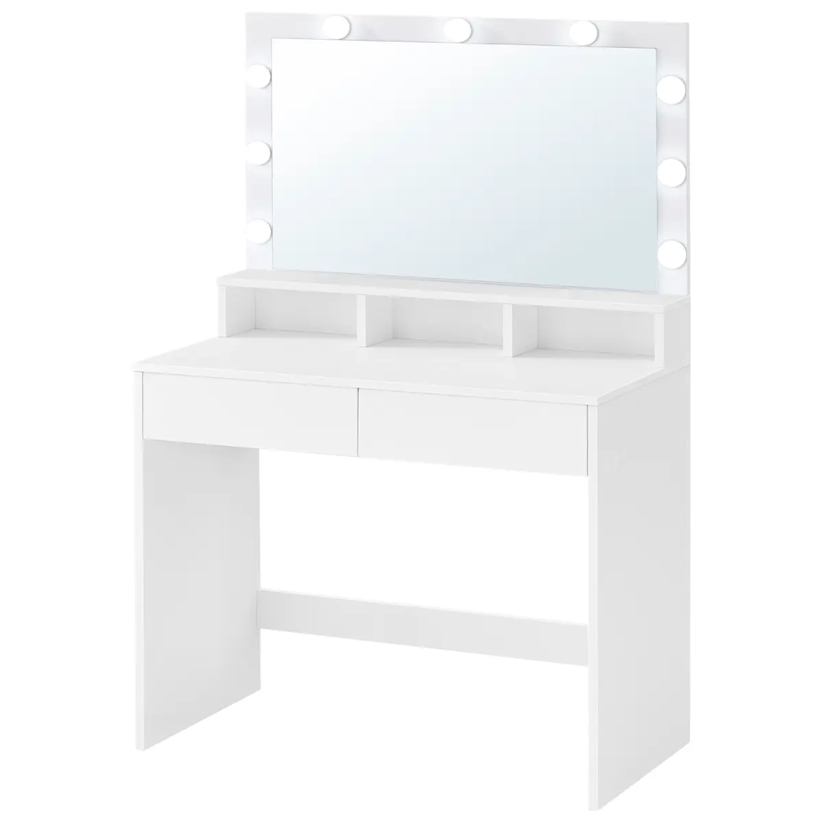 Vanity Table with Large Mirror, LED Lights with Adjustable Brightness, 2 Drawers and 3 Compartments