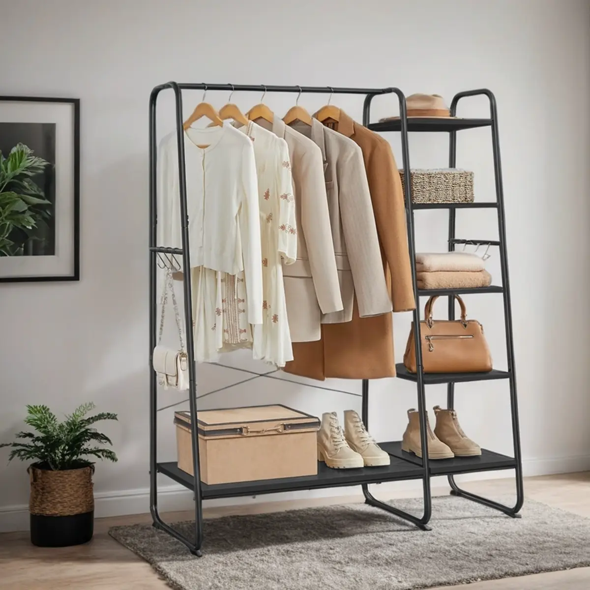 Garment Rack with Shoe Shelf and 5-Tier Storage, 6 Side Hooks for Bedroom & Living Room, Ebony Black