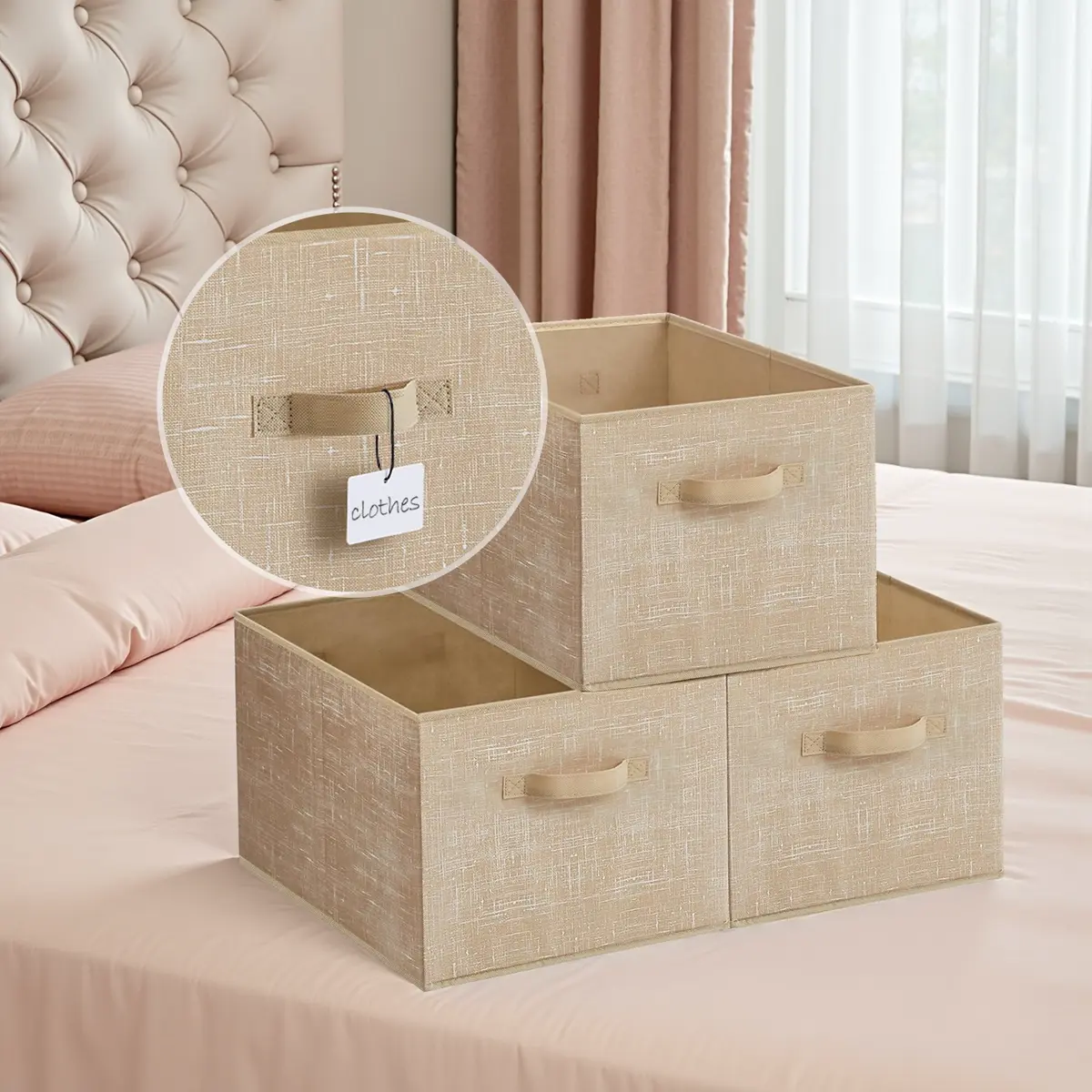 Set of 3 Fabric Storage Bins, Foldable Closet Organizer with 2 Handles, Label Holders