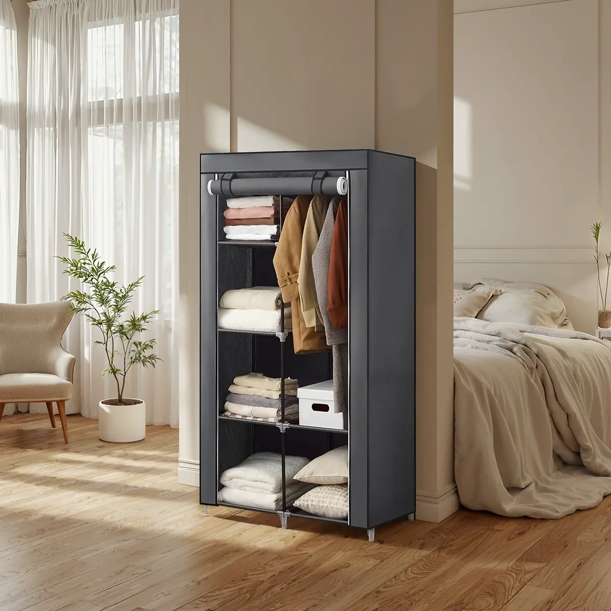 Portable Closet, Wardrobe Closet Organiser with Non-Woven Fabric Cover, Hanging Rods and Shelves